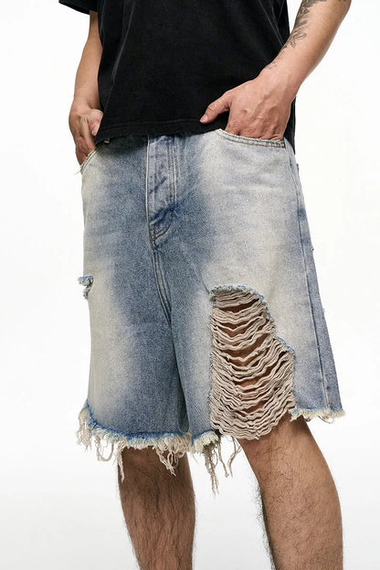 Men's light blue denim shorts with a baggy wide-leg and retro washed finish