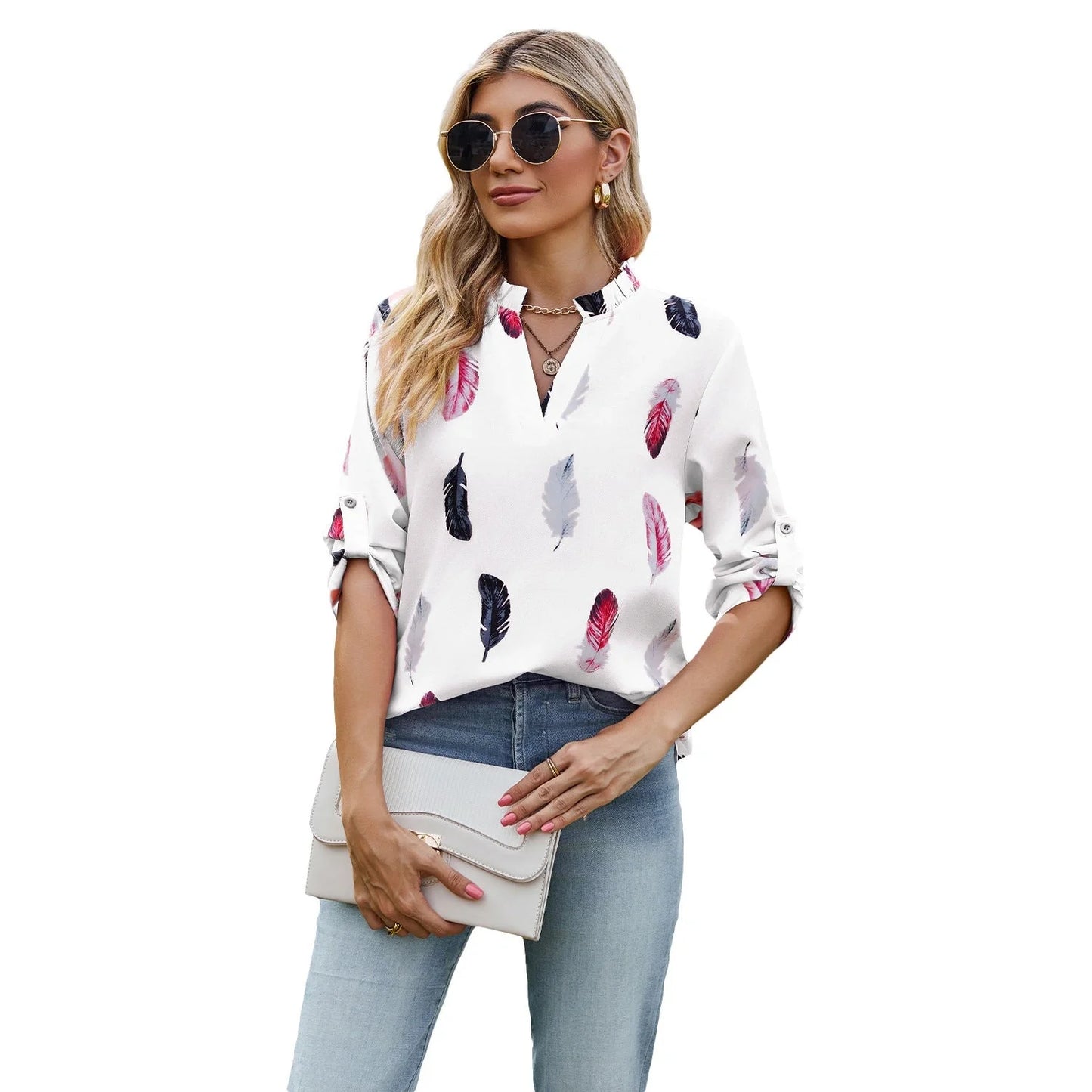 Stylish feather-printed pullover blouse in a variety of colors and sizes