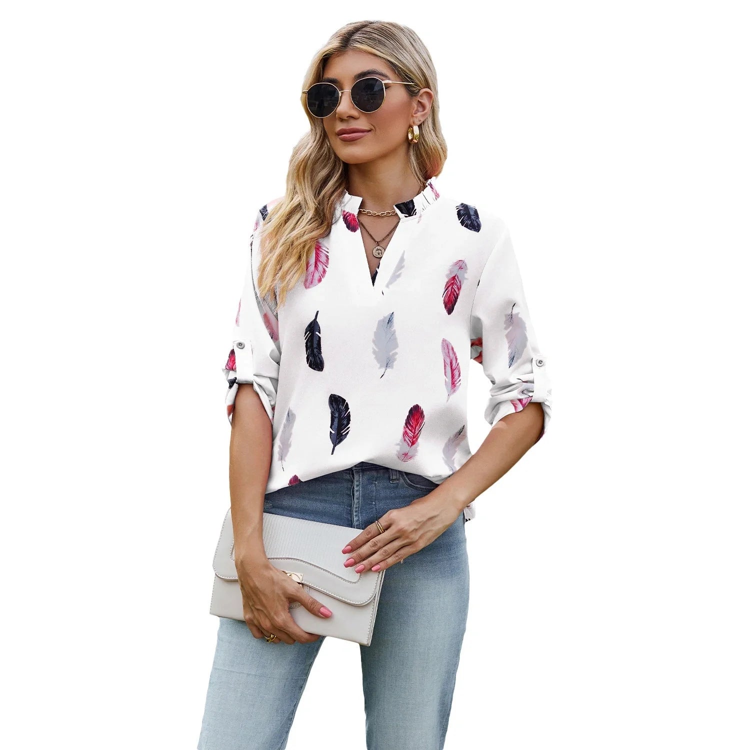 Stylish feather-printed pullover blouse in a variety of colors and sizes