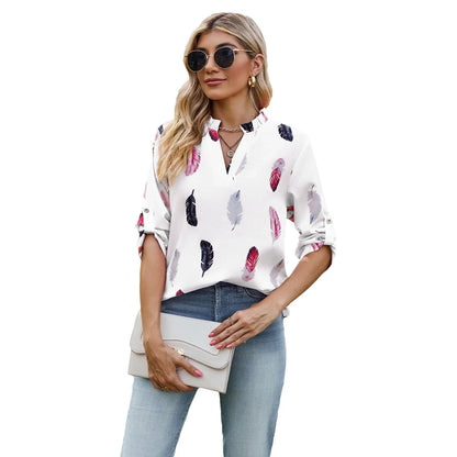 Stylish feather-printed pullover blouse in a variety of colors and sizes