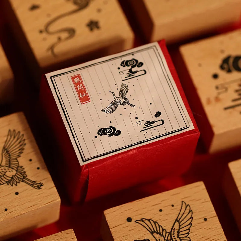 Mr. Paper wooden handle rubber stamp with crane design for DIY crafting.