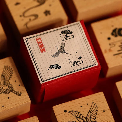 Mr. Paper wooden handle rubber stamp with crane design for DIY crafting.