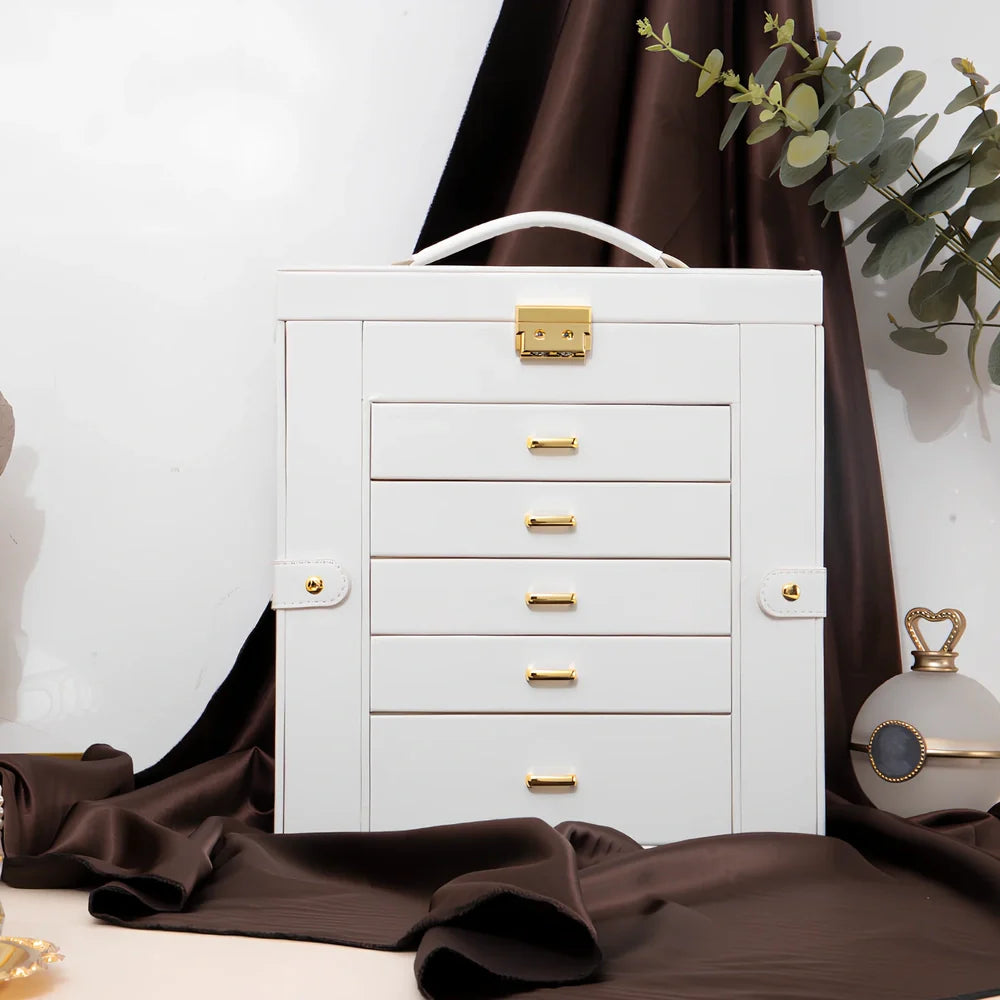 Large jewellery box with multiple compartments for cosmetics and accessories storage