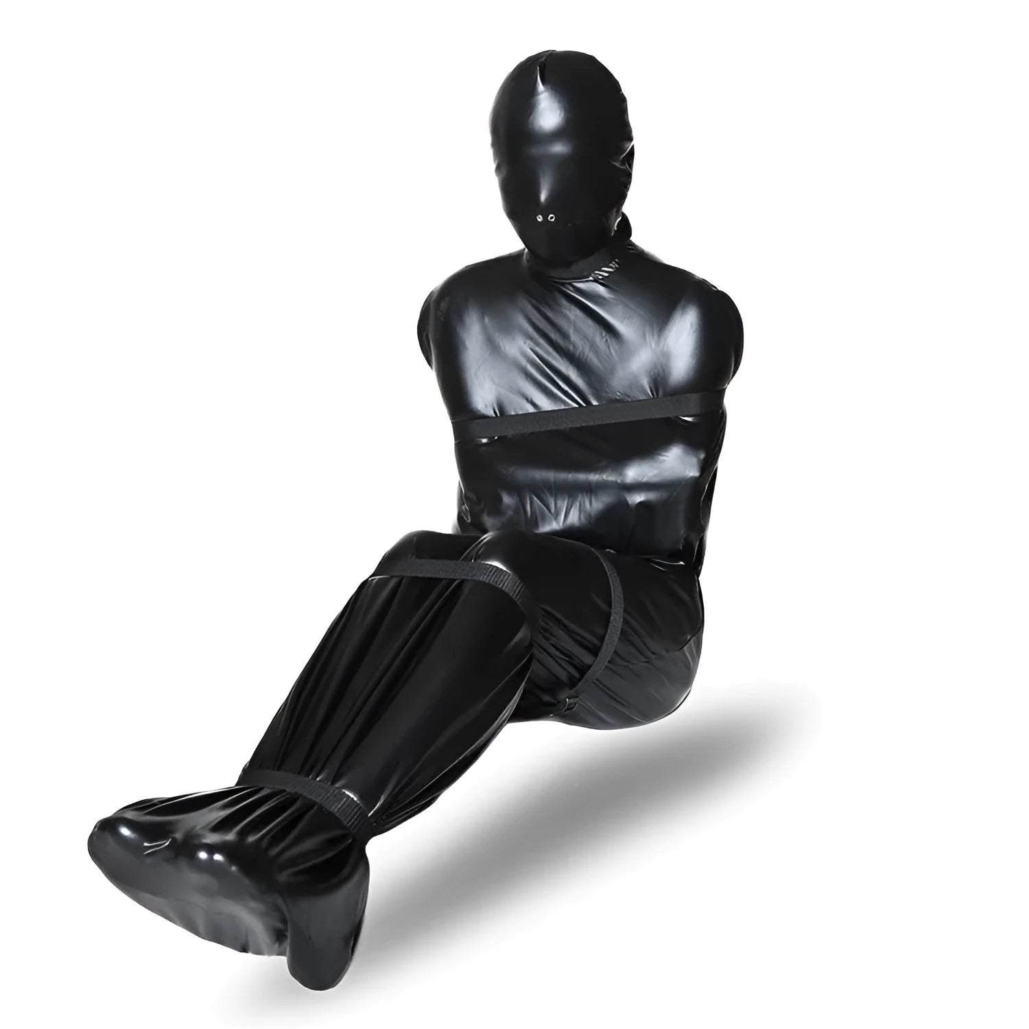 Black patent leather bondage set with leak nostril clothes and six ratchet tie downs