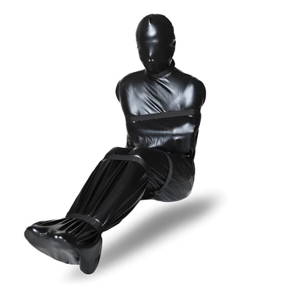 Black patent leather bondage set with leak nostril clothes and six ratchet tie downs