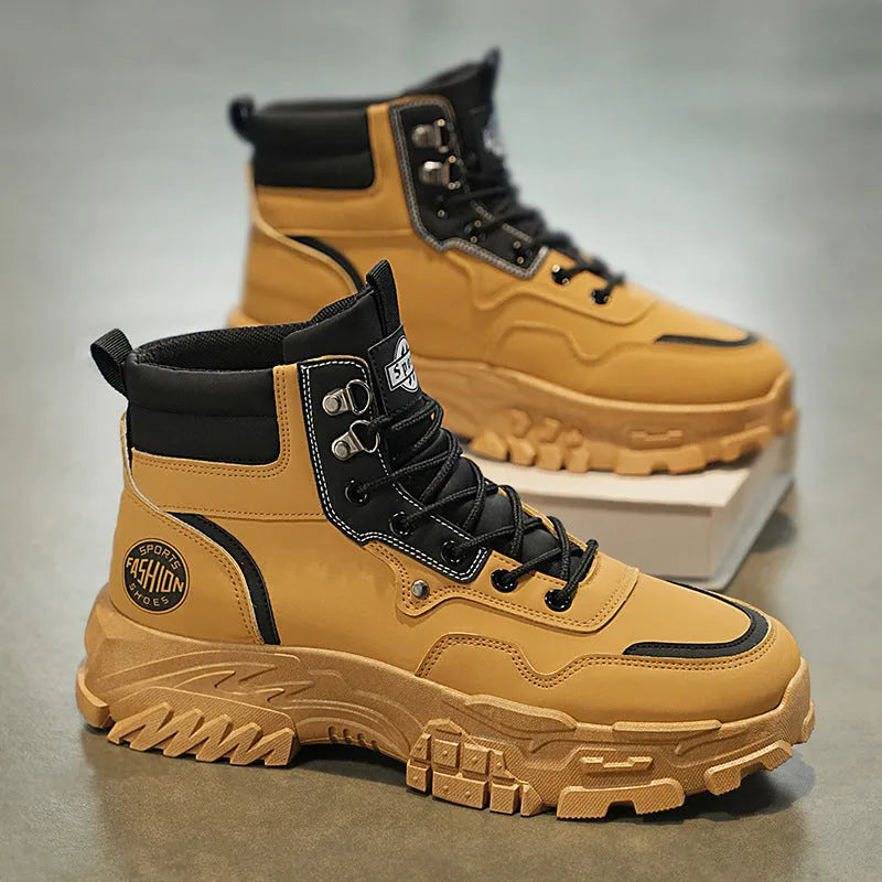 Men's mid-calf Martin boot in yellow with an artificial PU upper and injection-moulded sole.