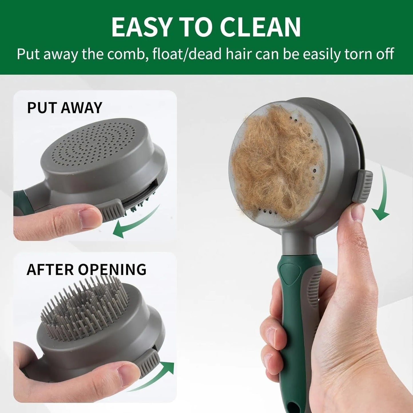 Green and pink two-sided pet brush showing retractable slicker bristles and silicone massage nubs on a white background.