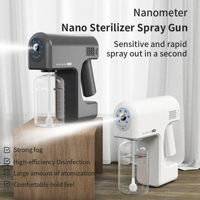 Portable USB-powered disinfection sprayer with wireless charging, featuring atomization technology, long battery life, and multi-functional capabilities
