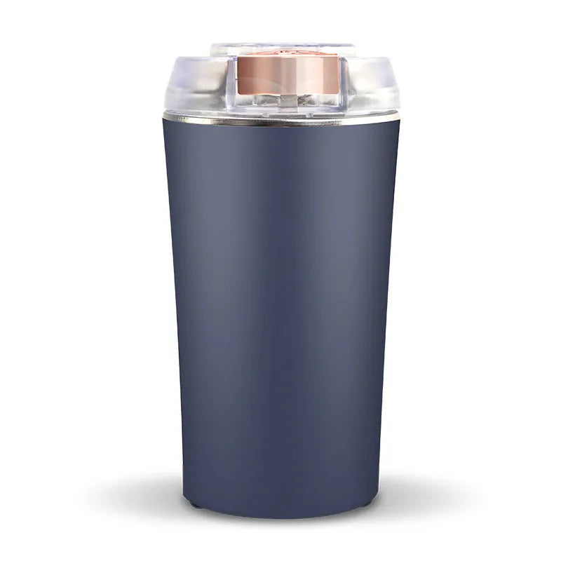 Mini flour mill and grinder in blue with adjustable particle size for chilli, pepper, and grain crushing