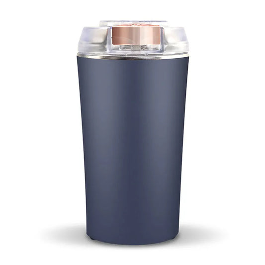 Mini flour mill and grinder in blue with adjustable particle size for chilli, pepper, and grain crushing