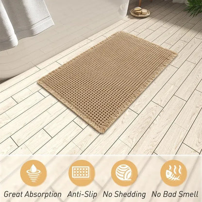Checkered pattern non-slip bathroom carpet in beige colour with woven polyester construction