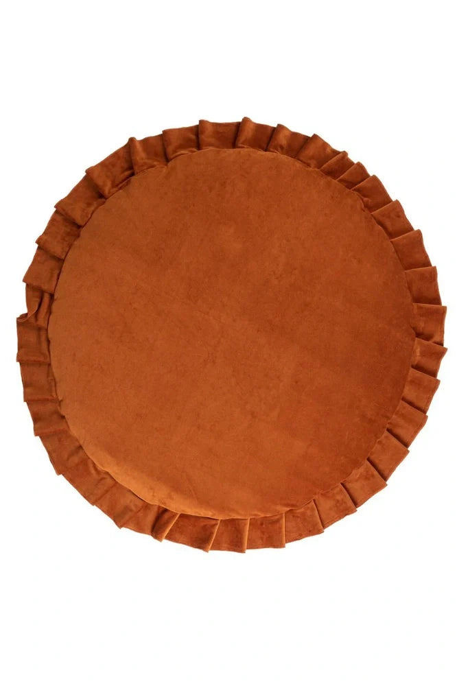 Circular baby play mat with lace border showing 2cm thickness measurement