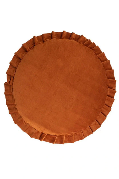 Circular baby play mat with lace border showing 2cm thickness measurement