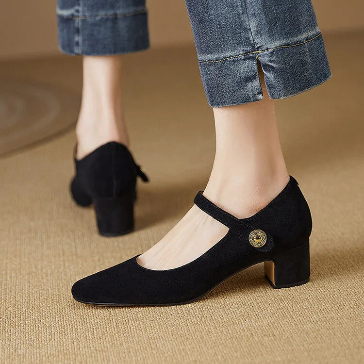 Women's black suede Mary Jane shoes with chunky heels and square toe design