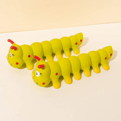 Yellow rubber caterpillar dog squeaky toy measuring 25.5x9cm for small medium breeds