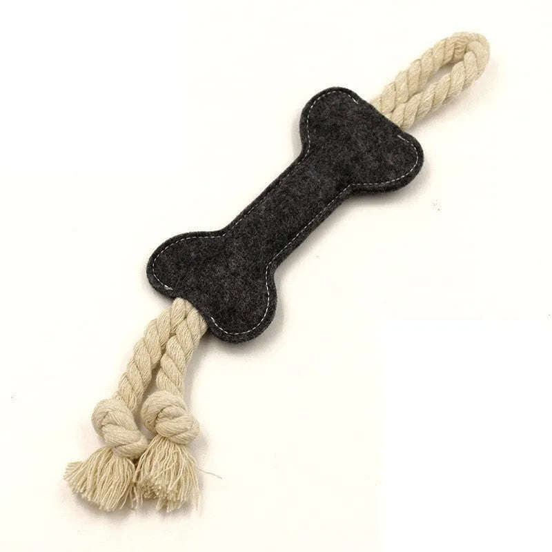 Durable felt bone shaped dog toy with rope knots, in blue colour, for chewing and puzzle play.