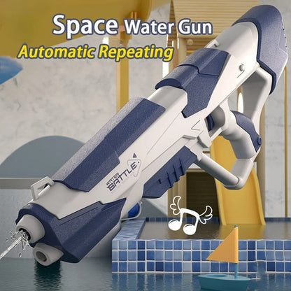 Blue automatic electric water gun with USB charging port and anti-skid grip handle.