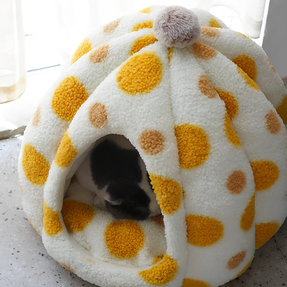 Yellow teddy velvet cat nest with 41cm diameter and raised sides for secure sleeping