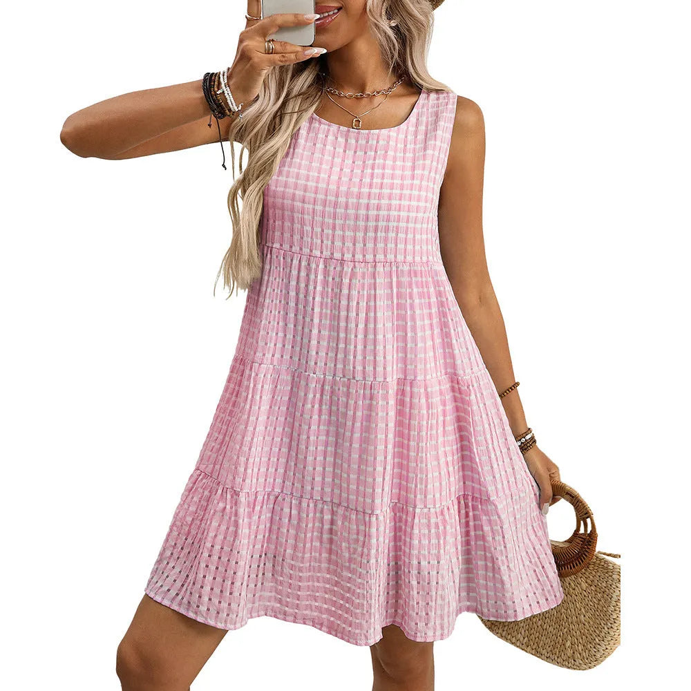 Women's light blue sleeveless plaid dress with a high waist and flowing swing skirt.