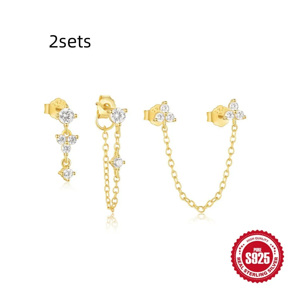 S925 sterling silver geometric earring set with three designs featuring zircon accents in gold tone finishes