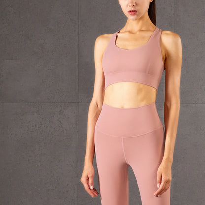 Gather Strength Yoga Bra with mesh panel and detachable chest pad in Black, Pink Pastel, Desert Teal, and Chambray