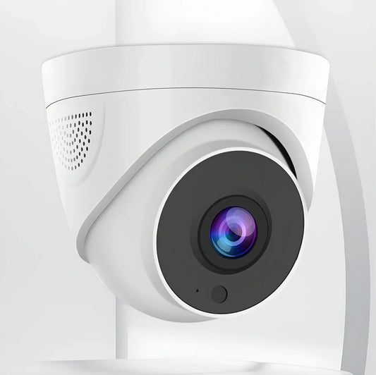 White security camera with 1080p recording and voice intercom measuring 10.7×10.7×9cm