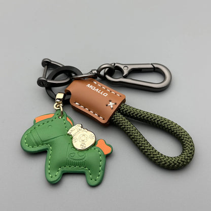 Handmade cowhide car key ring pendant with zinc alloy pony belt buckle and flanelle rope in nine colour options