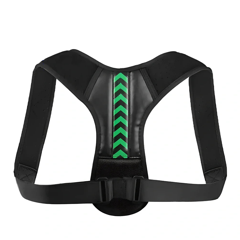 Arrowhead fishbone posture correction belt in black with green detailing, showing adjustable nylon straps and upper back support design