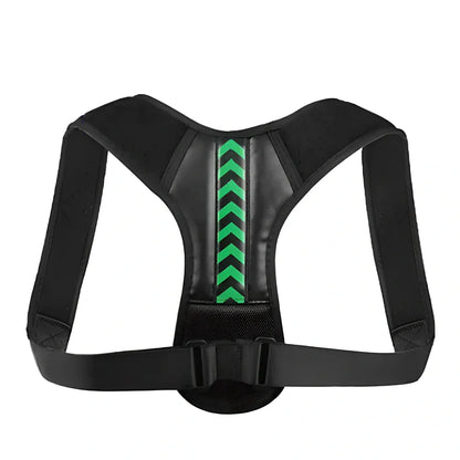 Arrowhead fishbone posture correction belt in black with green detailing, showing adjustable nylon straps and upper back support design