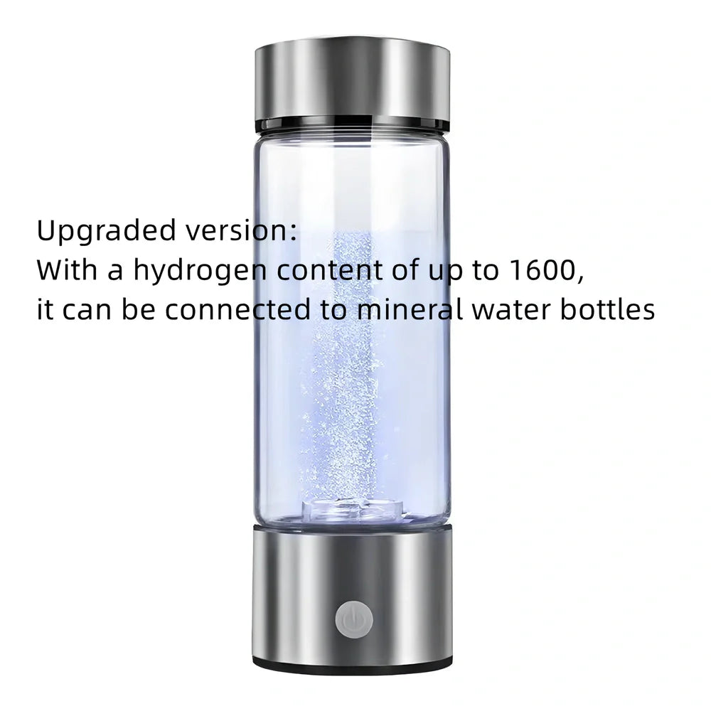 Portable hydrogen water cup in silver with borosilicate glass, showing electrolysis bubbles and romatic light, 3-minute generation