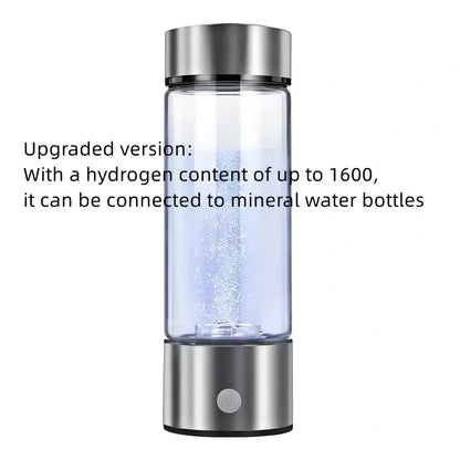 Portable hydrogen water cup in silver with borosilicate glass, showing electrolysis bubbles and romatic light, 3-minute generation
