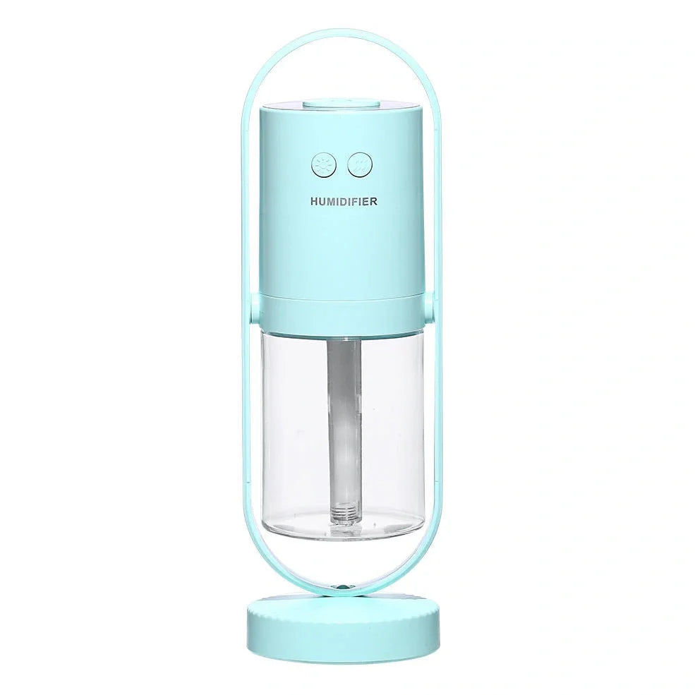 Portable USB humidifier with 200ml water tank in pink, blue, or white showing compact 70x66x213mm dimensions