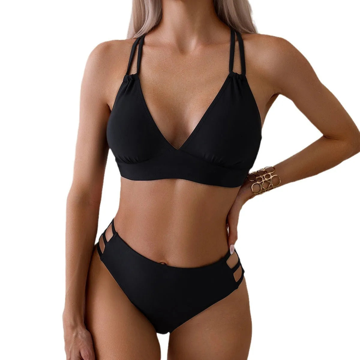 Women's V-neck halter bikini swimsuit with split shorts in nylon fabric