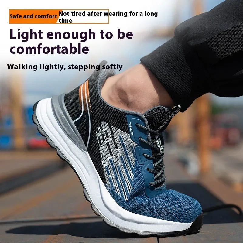 Blue men's safety work shoe with plastic toe cap, mesh upper, and lace-up closure.