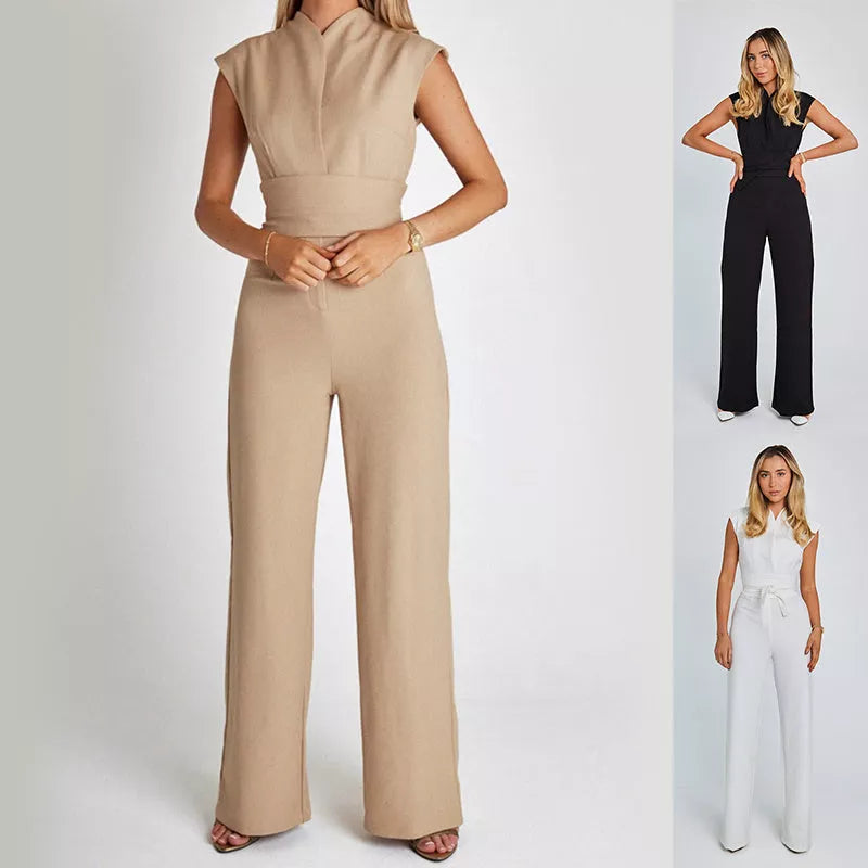 Women's sleeveless V-neck jumpsuit in black, white, or khaki with wide leg design