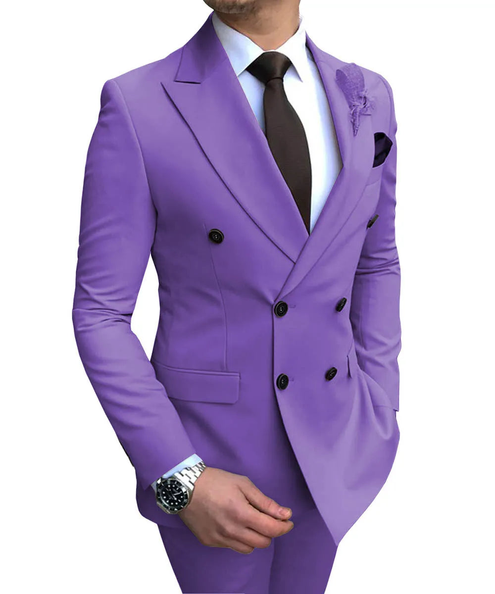 Men's two-piece slim fit wedding suit with straight collar and side slits, available in 15 colours and sizes XS to 5XL.