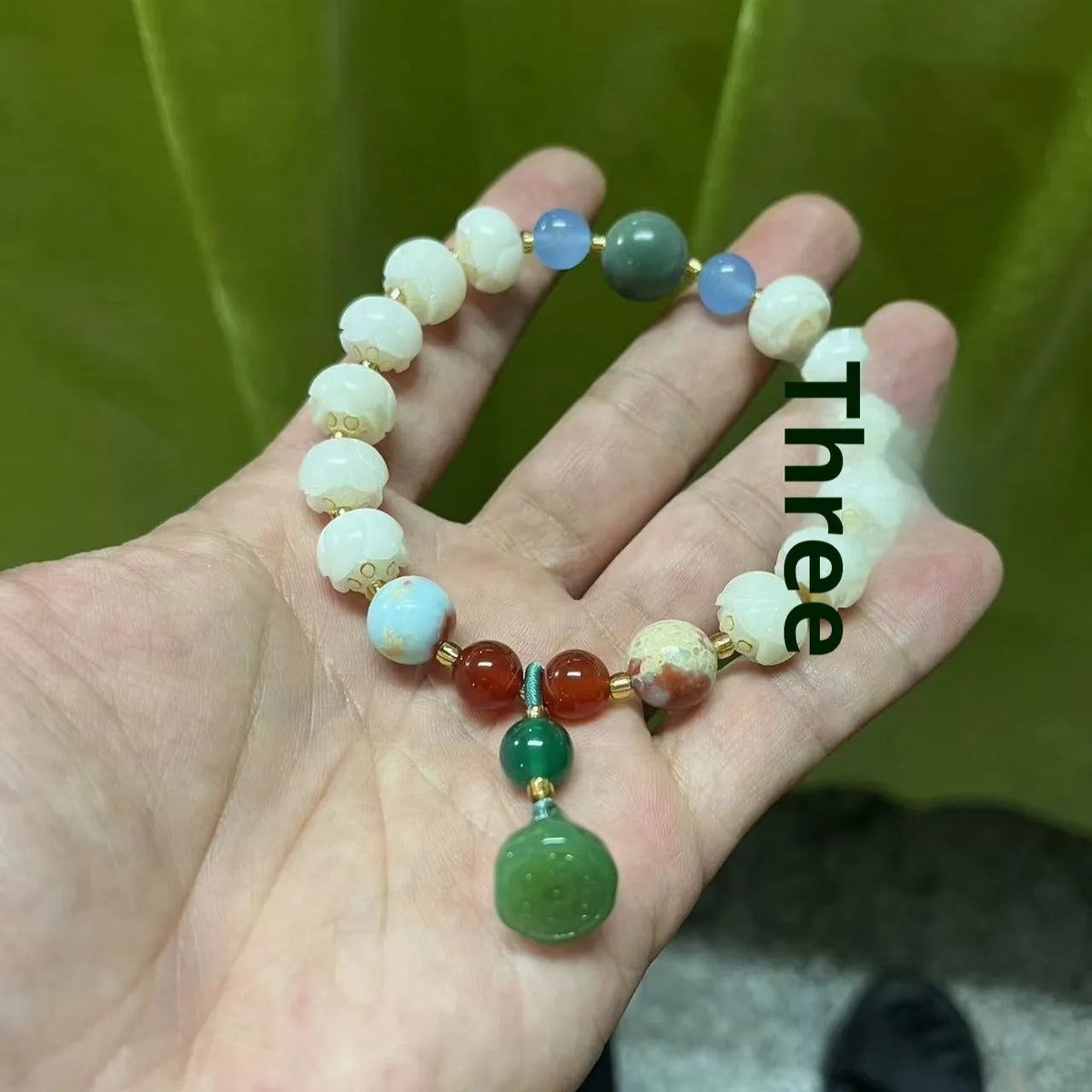 White Bodhi root bracelet with carved pumpkin lotus beads including Apple Orchard and Duobao styles