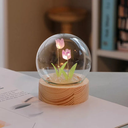 Handmade DIY tulip LED night light with adjustable flowers on wooden base