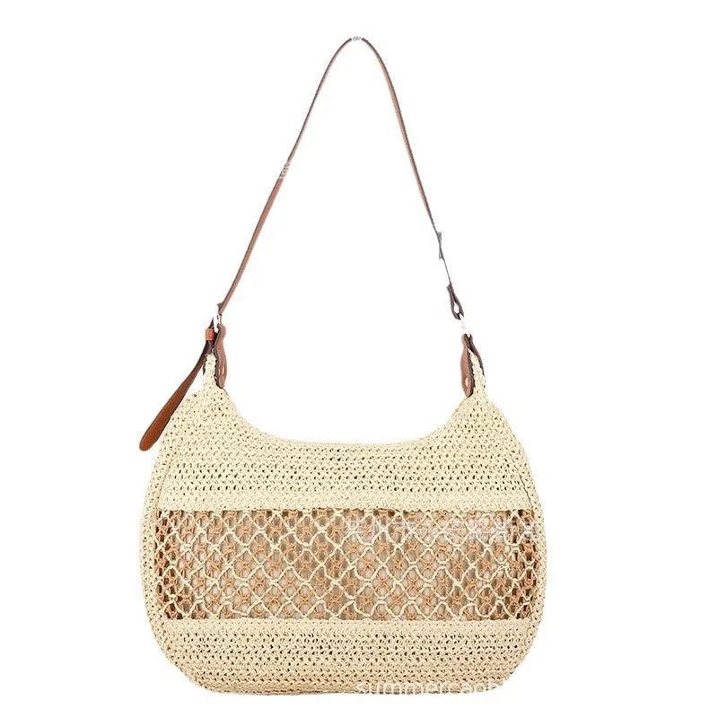 Women's casual straw cross body bag in khaki colour with sandwich pocket design