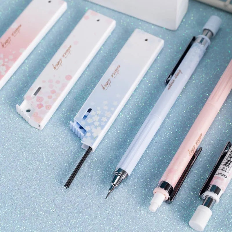 Simplified 0.5mm cartoon automatic pencil set with three pencils and refill boxes in mixed colours
