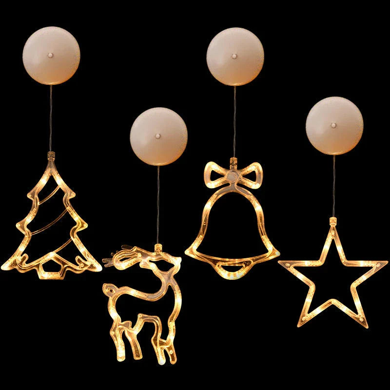 Decorative battery-powered LED chandelier lights with holiday-themed designs like Santa, snowmen, and stars