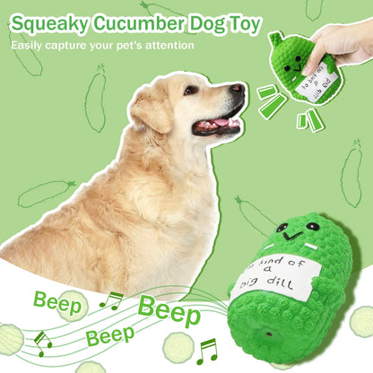 Green latex pickle-shaped squeaky dog chew toy for teething puppies and mild chewers.
