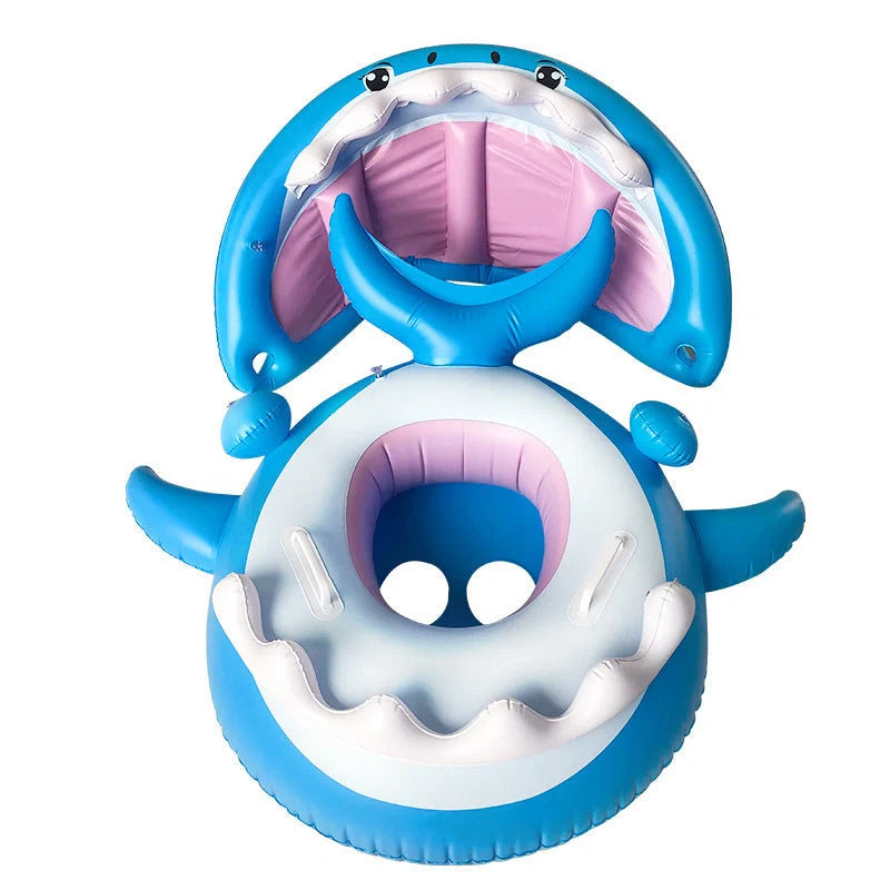 Inflatable shark seat ring for kids with sun awning, blue color