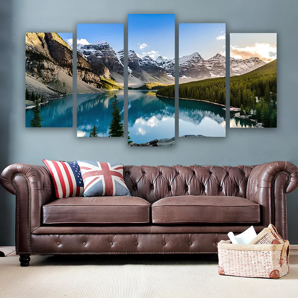 Five 40x60cm Moraine Lake mountain canvas panels arranged in modular wall display