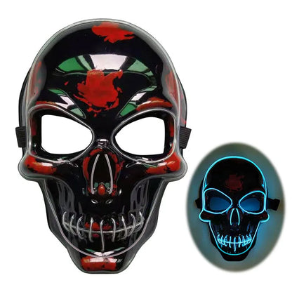 Blue LED glow skeleton mask with flashing lights on a person's face