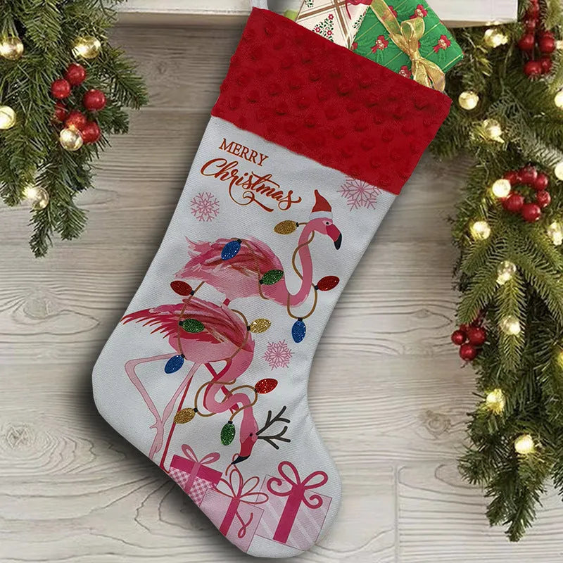Flamingo Christmas stockings measuring 46cm by 28cm in cloth material with hanging loop