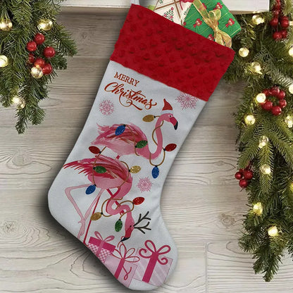 Flamingo Christmas stockings measuring 46cm by 28cm in cloth material with hanging loop