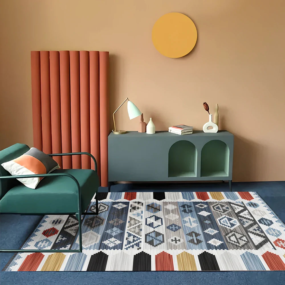 Rectangular boho-style polyester rug in various colours and sizes, machine-woven for consistent texture