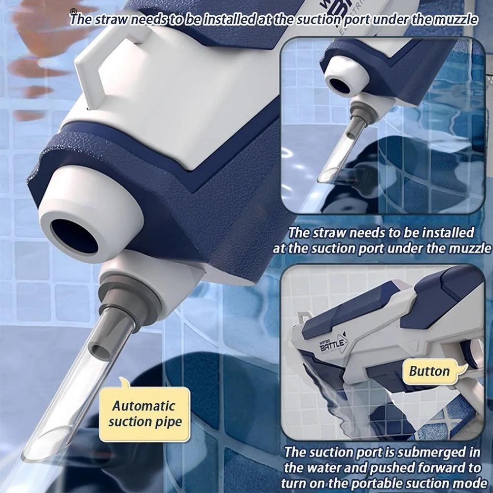 Blue automatic electric water gun with USB charging port and anti-skid grip handle.