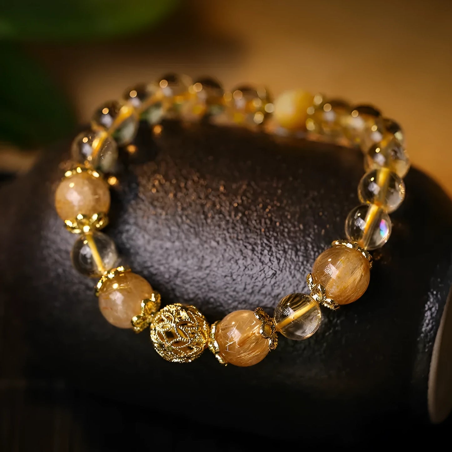 Women's citrine lucky bracelet with artificial crystal beads in electroplated gold colours